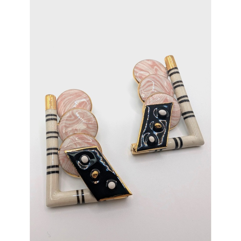 Vintage Porcelain Stud Earrings NOS Memphis Style Pink Black Gold Geometric 2.2"